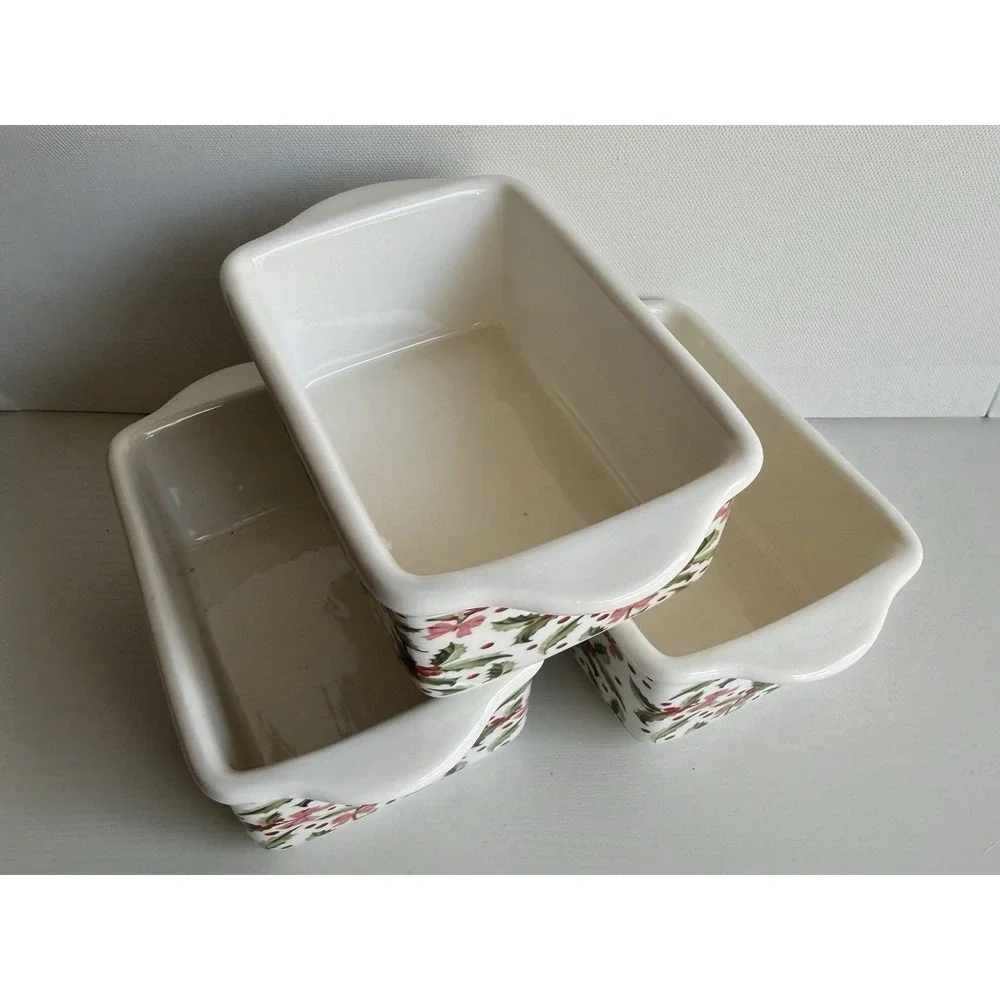 Set of 3 Christmas Mini Loaf Pans Holly Ceramic Oven Safe Baking Dish Gift New